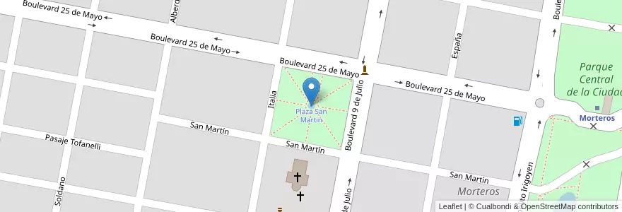 Mapa de ubicacion de Plaza San Martin en 阿根廷, Córdoba, Departamento San Justo, Pedanía Libertad, Municipio De Morteros, Morteros.