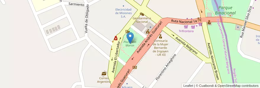 Mapa de ubicacion de Plaza San Martín en アルゼンチン, ミシオネス州, Departamento General Manuel Belgrano, Municipio De Bernardo De Irigoyen.