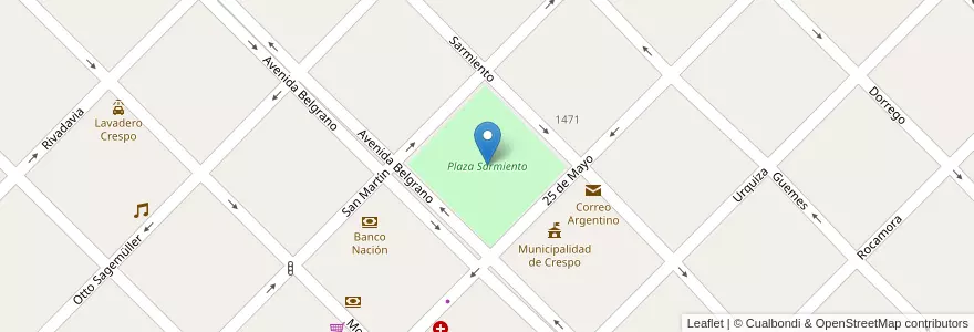 Mapa de ubicacion de Plaza Sarmiento en Argentinië, Entre Ríos, Departamento Paraná, Distrito Espinillo, Crespo.