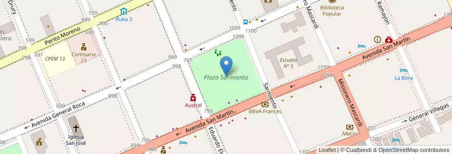 Mapa de ubicacion de Plaza Sarmiento en Аргентина, Чили, Неукен, Departamento Lácar, Municipio De San Martín De Los Andes, San Martín De Los Andes.