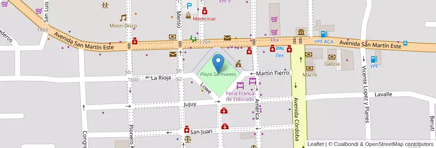 Mapa de ubicacion de Plaza Sarmiento en 阿根廷, Misiones, Departamento Eldorado, Municipio De Eldorado, Eldorado.