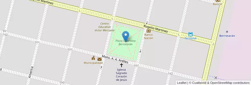 Mapa de ubicacion de Plaza Saturnina Berrotarán en Argentina, Córdova, Departamento Río Cuarto, Pedanía Peñas, Municipio De Berrotarán, Berrotarán.