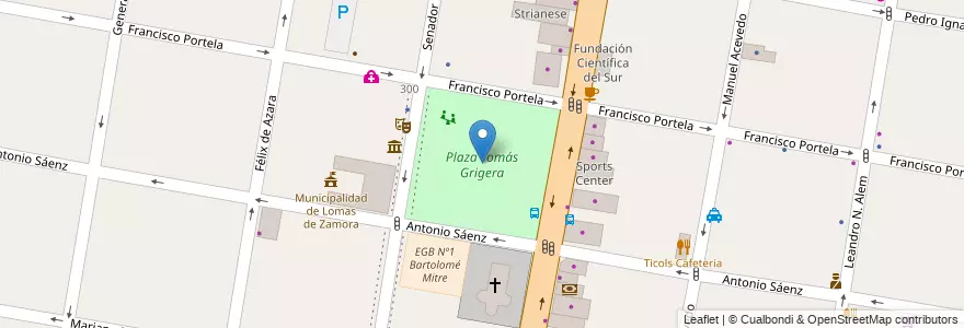 Mapa de ubicacion de Plaza Tomás Grigera en アルゼンチン, ブエノスアイレス州, Partido De Lomas De Zamora, Lomas De Zamora.