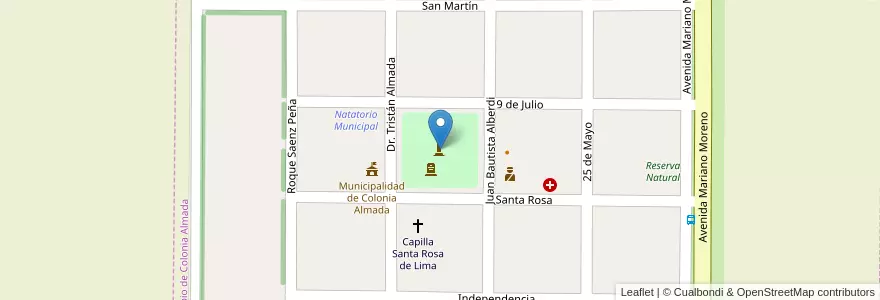 Mapa de ubicacion de Plaza Tristán Almada en 아르헨티나, Córdoba, Departamento Tercero Arriba, Pedanía Capilla De Rodríguez, Municipio De Colonia Almada.