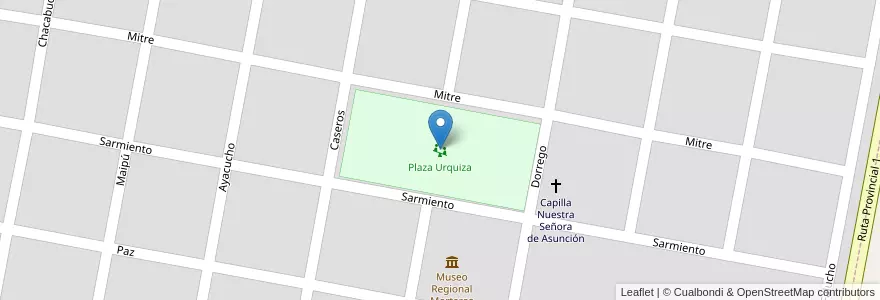 Mapa de ubicacion de Plaza Urquiza en 아르헨티나, Córdoba, Departamento San Justo, Pedanía Libertad, Municipio De Morteros, Morteros.