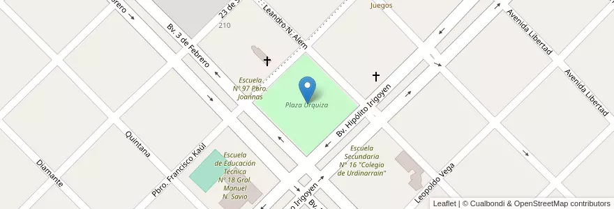 Mapa de ubicacion de Plaza Urquiza en 아르헨티나, 엔트레리오스주, Departamento Gualeguaychú, Distrito Pehuajó Al Norte, Urdinarrain.