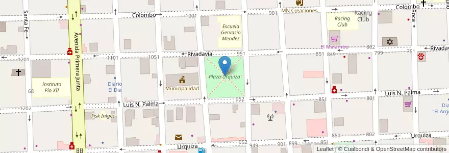 Mapa de ubicacion de Plaza Urquiza en アルゼンチン, エントレ・リオス州, Departamento Gualeguaychú, Gualeguaychú, Gualeguaychú, Distrito Costa Uruguay Sur.