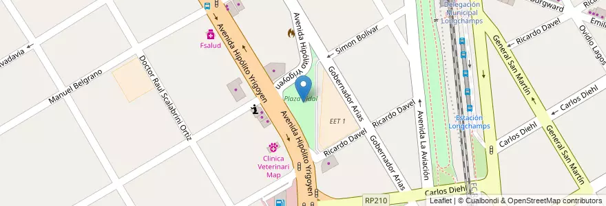 Mapa de ubicacion de Plaza Vidal en 阿根廷, 布宜诺斯艾利斯省, Partido De Almirante Brown, Longchamps.