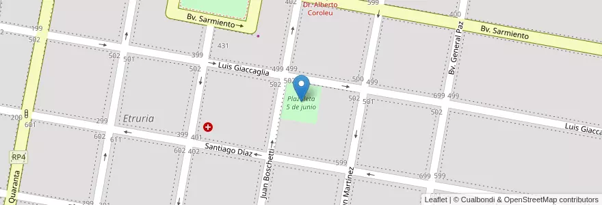 Mapa de ubicacion de Plazoleta 5 de junio en Arjantin, Córdoba, Departamento General San Martín, Pedanía Chazón, Municipio De Etruria, Etruria.