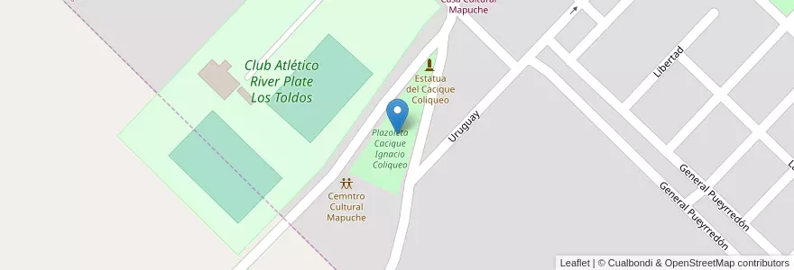 Mapa de ubicacion de Plazoleta Cacique Ignacio Coliqueo en アルゼンチン, ブエノスアイレス州, Partido De General Viamonte, Los Toldos.