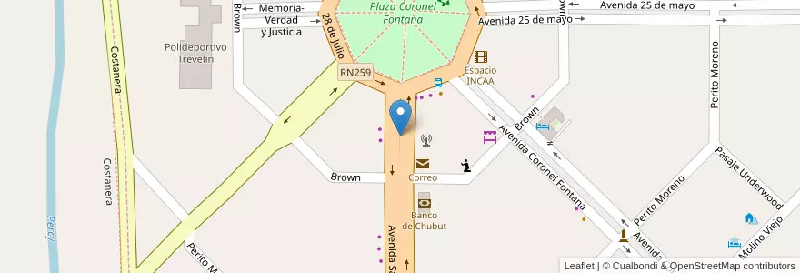 Mapa de ubicacion de Plazoleta de la Mujer Libre en アルゼンチン, チリ, チュブ州, Departamento Futaleufú, Trevelin.