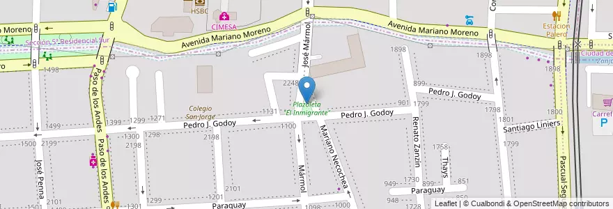 Mapa de ubicacion de Plazoleta "El Inmigrante" en Аргентина, Мендоса, Чили, Godoy Cruz, Departamento Capital, Distrito Ciudad De Godoy Cruz, Ciudad De Mendoza.