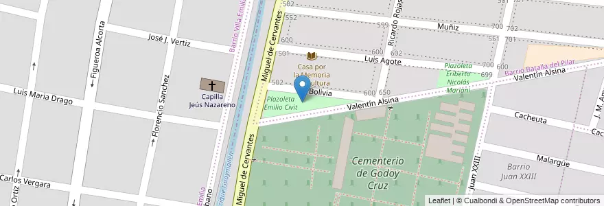 Mapa de ubicacion de Plazoleta Emilio Civit en アルゼンチン, チリ, メンドーサ州, Godoy Cruz, Departamento Godoy Cruz, Distrito San Francisco Del Monte.