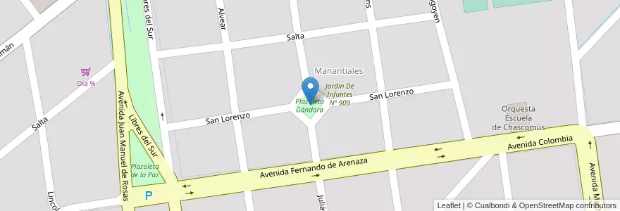 Mapa de ubicacion de Plazoleta Gándara en Arjantin, Buenos Aires, Partido De Chascomús, Chascomús.