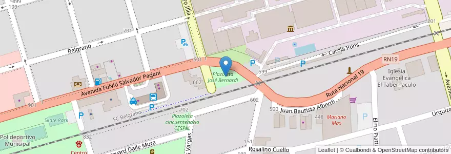 Mapa de ubicacion de Plazoleta José Bernardi en アルゼンチン, コルドバ州, Departamento San Justo, Municipio Arroyito, Pedanía Arroyito, Arroyito.