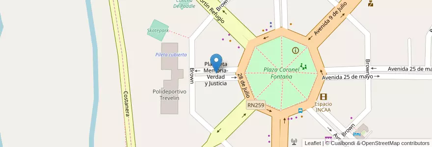 Mapa de ubicacion de Plazoleta Memoria-Verdad y Justicia en الأرجنتين, تشيلي, شوبوت, Departamento Futaleufú, Trevelin.