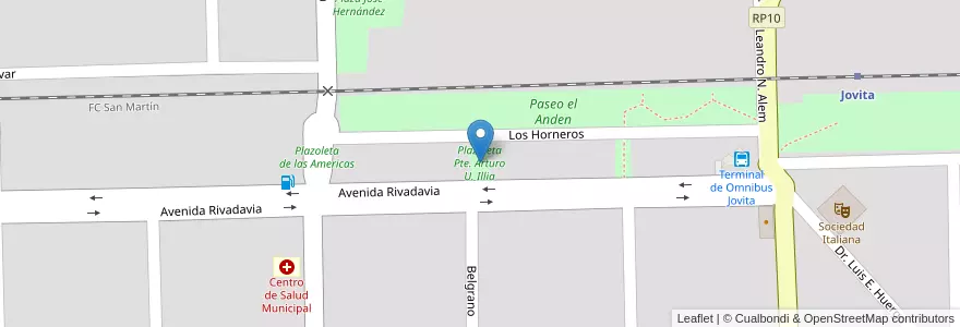 Mapa de ubicacion de Plazoleta Pte. Arturo U. Illia en アルゼンチン, コルドバ州, Departamento General Roca, Pedanía Italó, Municipio De Jovita, Jovita.