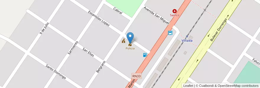 Mapa de ubicacion de Policia en الأرجنتين, سانتا في, Departamento Caseros, Municipio De Villada.