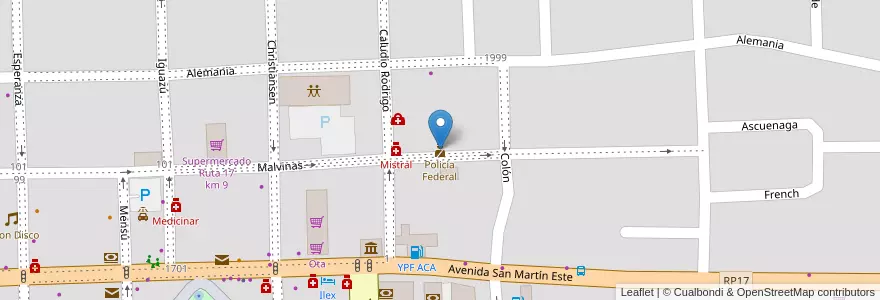 Mapa de ubicacion de Policía Federal en Arjantin, Misiones, Departamento Eldorado, Municipio De Eldorado, Eldorado.