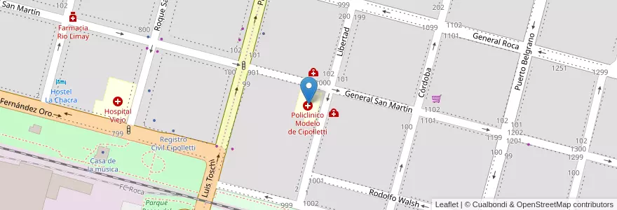Mapa de ubicacion de Policlinico Modelo de Cipolletti en Argentinië, Chili, Río Negro, Cipolletti, Departamento General Roca.