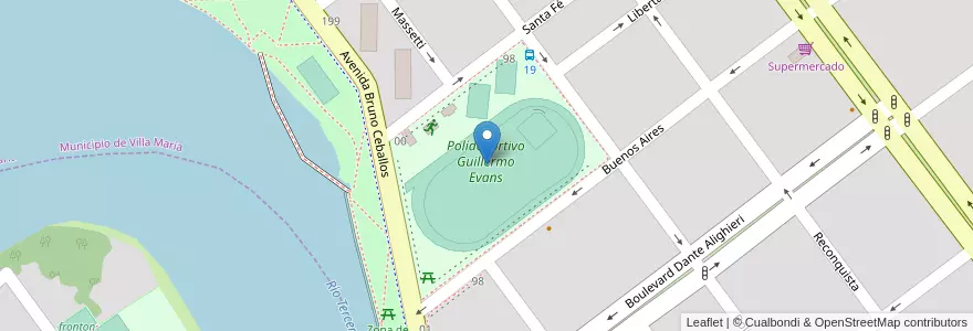 Mapa de ubicacion de Polideportivo Guillermo Evans en アルゼンチン, コルドバ州, Departamento General San Martín, Pedanía Villa María, Municipio De Villa María, Villa María.