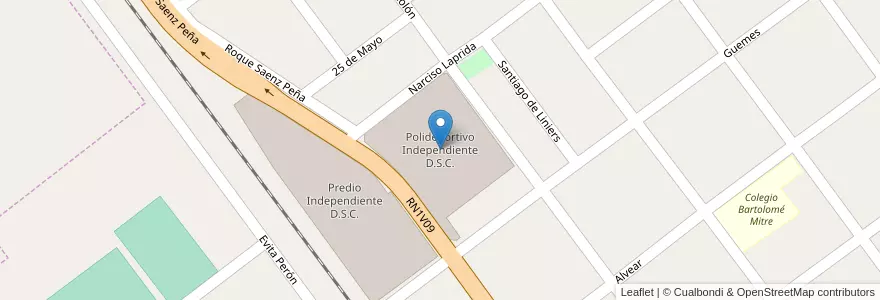 Mapa de ubicacion de Polideportivo Independiente D.S.C. en Argentina, Córdoba, Departamento Tercero Arriba, Pedanía Zorros, Municipio De Oliva, Oliva.