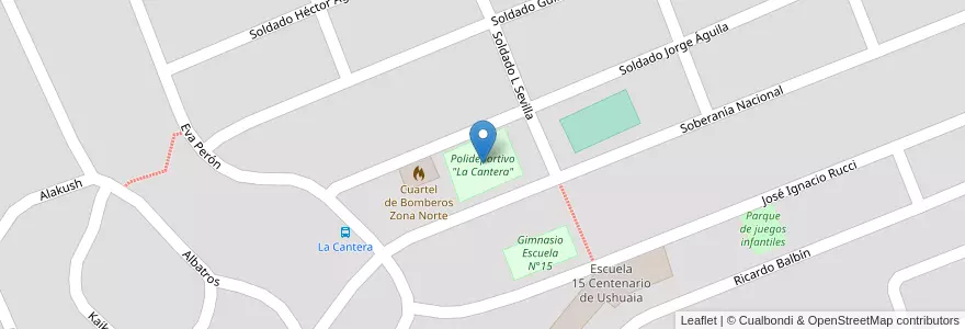 Mapa de ubicacion de Polideportivo "La Cantera" en アルゼンチン, Departamento Ushuaia, チリ, ティエラ・デル・フエゴ州, Ushuaia.