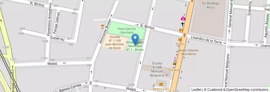 Mapa de ubicacion de Polideportivo Municipal N° 1 - Biritos en 아르헨티나, 칠레, Mendoza, Godoy Cruz, Departamento Godoy Cruz, Distrito Ciudad De Godoy Cruz.