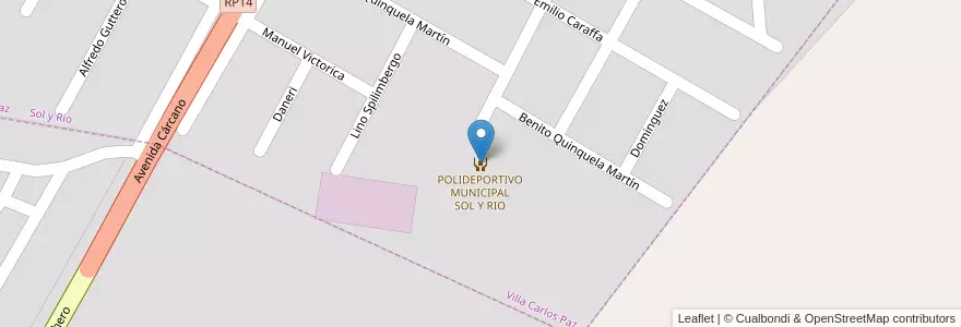 Mapa de ubicacion de POLIDEPORTIVO MUNICIPAL SOL Y RIO en 아르헨티나, Córdoba, Departamento Punilla, Pedanía San Roque, Municipio De Villa Carlos Paz, Villa Carlos Paz.