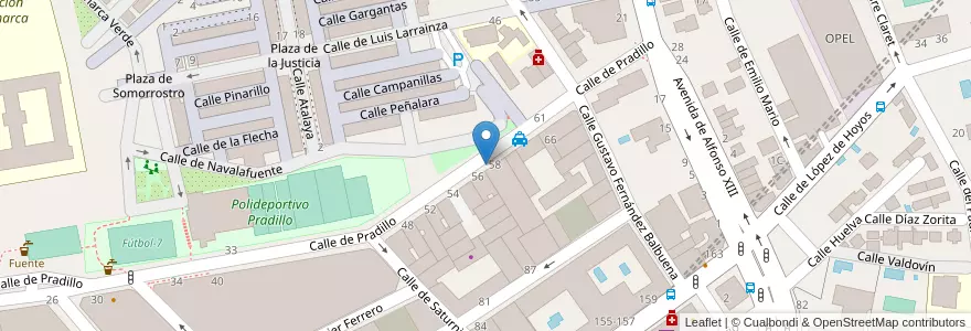 Mapa de ubicacion de PRADILLO, CALLE, DE,58 en اسپانیا, بخش خودمختار مادرید, بخش خودمختار مادرید, Área Metropolitana De Madrid Y Corredor Del Henares, مادرید.