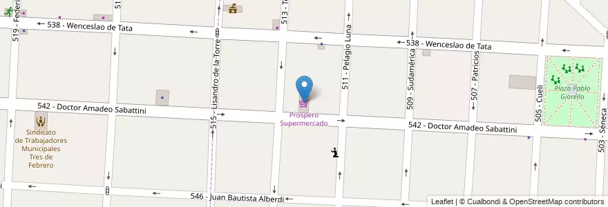 Mapa de ubicacion de Próspero Supermercado en アルゼンチン, ブエノスアイレス州, Partido De Tres De Febrero, Caseros, Santos Lugares.