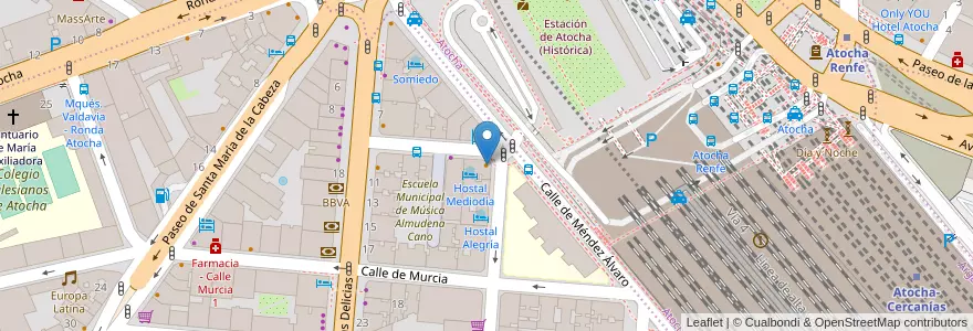 Mapa de ubicacion de Puerta de Atocha en 스페인, Comunidad De Madrid, Comunidad De Madrid, Área Metropolitana De Madrid Y Corredor Del Henares, 마드리드.