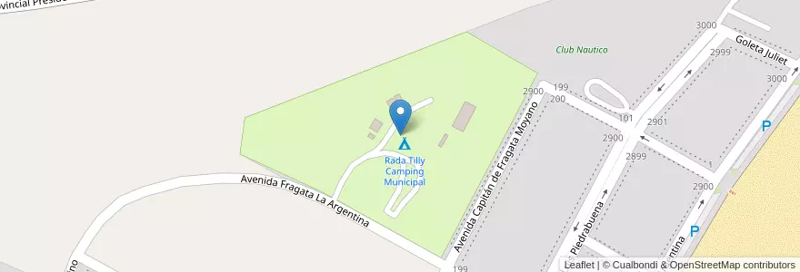 Mapa de ubicacion de Rada Tilly Camping Municipal en 아르헨티나, 칠레, Chubut, Departamento Escalante, Rada Tilly.