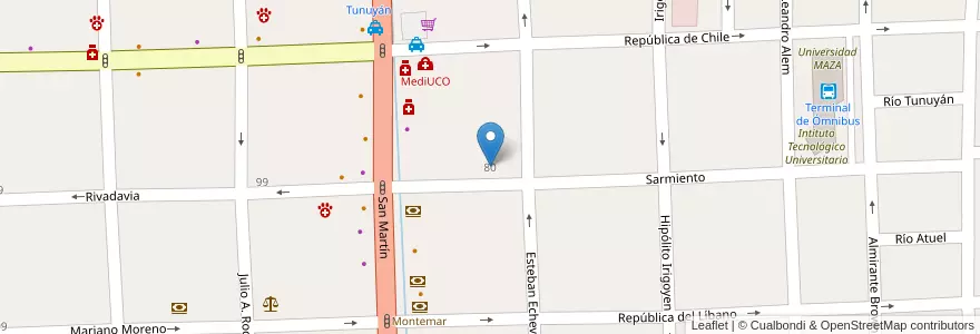 Mapa de ubicacion de Registro Automotor en Arjantin, Şili, Mendoza, Departamento Tunuyán, Distrito Ciudad De Tunuyán.