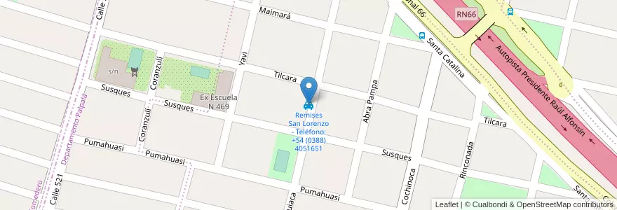 Mapa de ubicacion de Remises San Lorenzo - Teléfono: +54 (0388) 4051651 en Argentinië, Jujuy, Departamento Palpalá, Municipio De Palpalá.