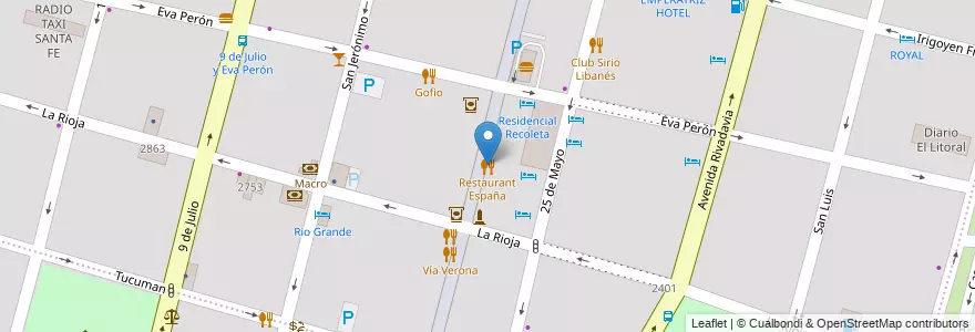 Mapa de ubicacion de Restaurant España en 아르헨티나, Santa Fe, Departamento La Capital, Santa Fe Capital, Santa Fe.