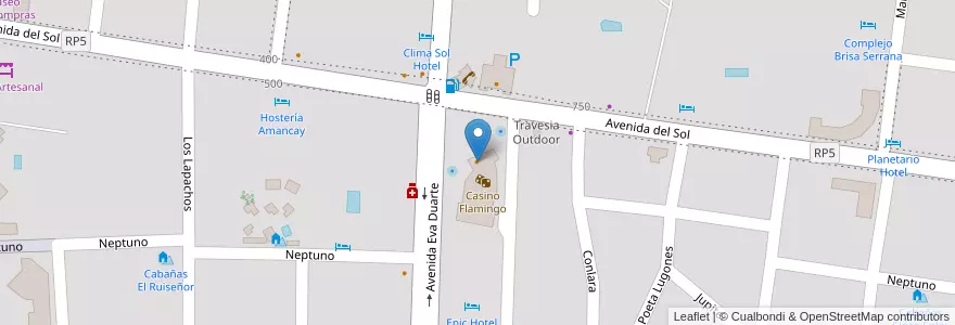 Mapa de ubicacion de Restaurant Flamingo en Аргентина, Сан-Луис, Junín, Municipio De Merlo, Villa De Merlo.