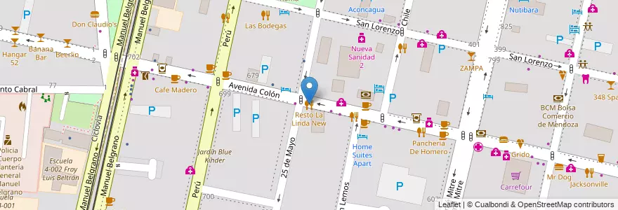 Mapa de ubicacion de Resto La Linda New en アルゼンチン, チリ, メンドーサ州, Departamento Capital, Sección 2ª Barrio Cívico, Ciudad De Mendoza.