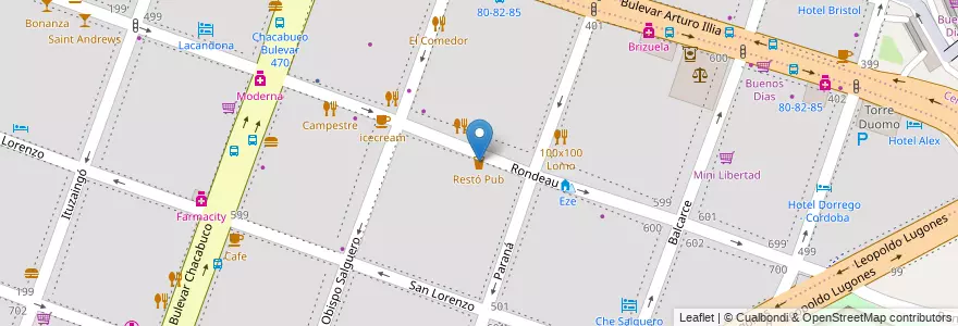Mapa de ubicacion de Restó Pub en آرژانتین, Córdoba, Departamento Capital, Pedanía Capital, Córdoba, Municipio De Córdoba.