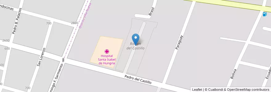 Mapa de ubicacion de Rincon del Castillo en 아르헨티나, 칠레, Mendoza, Departamento Guaymallén, Distrito Villa Nueva.