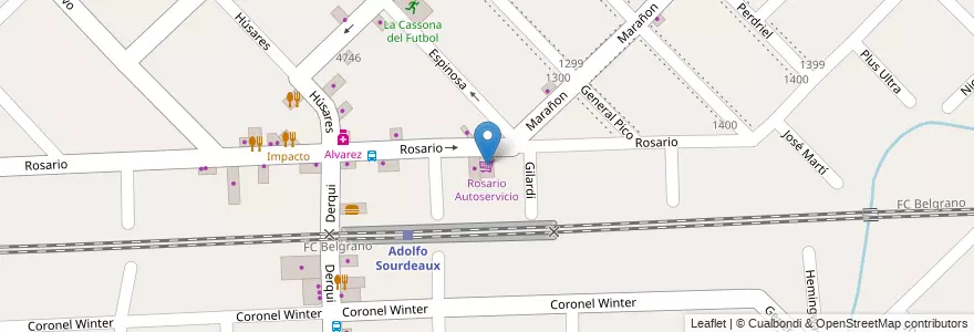Mapa de ubicacion de Rosario Autoservicio en Arjantin, Buenos Aires, Partido De Malvinas Argentinas, Ingeniero Adolfo Sourdeaux.