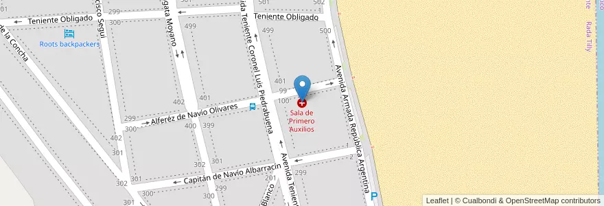 Mapa de ubicacion de Sala de Primero Auxilios en アルゼンチン, チリ, チュブ州, Departamento Escalante, Rada Tilly.