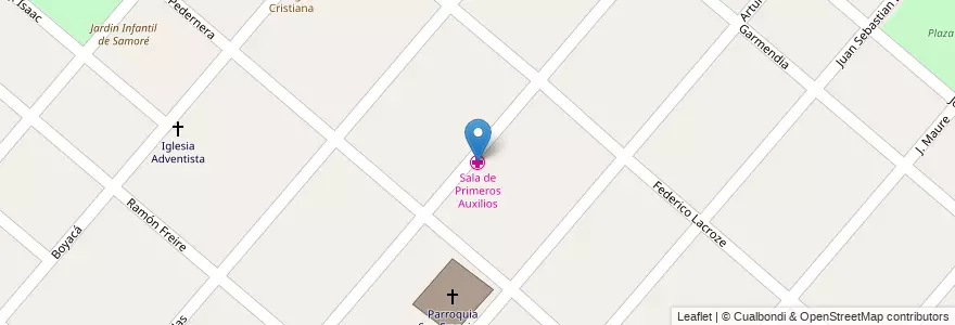 Mapa de ubicacion de Sala de Primeros Auxilios en アルゼンチン, ブエノスアイレス州, Partido De Merlo, Parque San Martín.