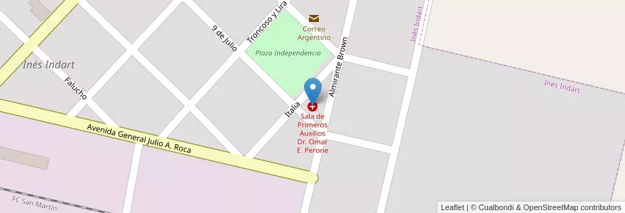 Mapa de ubicacion de Sala de Primeros Auxilios Dr. Omar E. Perone en アルゼンチン, ブエノスアイレス州, Partido De Salto, Inés Indart.