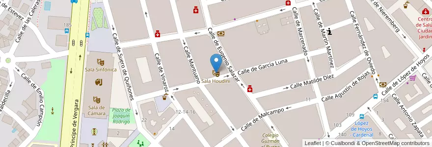 Mapa de ubicacion de Sala Houdini en Испания, Мадрид, Мадрид, Área Metropolitana De Madrid Y Corredor Del Henares, Мадрид.