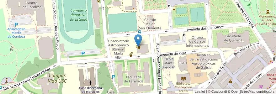 Mapa de ubicacion de Sala Roberto Vida Bolaño en 스페인, Galicia / Galiza, A Coruña, Santiago, 산티아고 데 콤포스텔라.