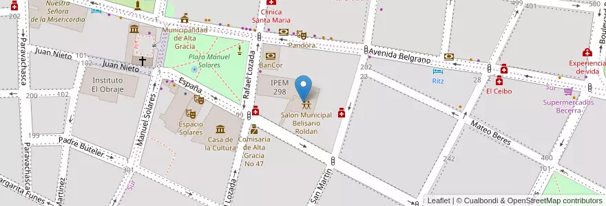 Mapa de ubicacion de Salon Municipal Belisario Roldan en الأرجنتين, Córdoba, Departamento Santa María, Pedanía Alta Gracia, Municipio De Alta Gracia, Alta Gracia.