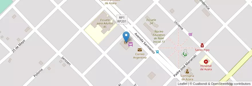 Mapa de ubicacion de Salón Parroquial San Antonio de Padua en アルゼンチン, ミシオネス州, Departamento Apóstoles, Municipio De Azara, Azara.