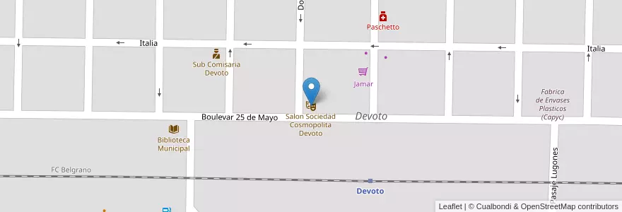 Mapa de ubicacion de Salon Sociedad Cosmopolita Devoto en Argentine, Córdoba, Departamento San Justo, Pedanía Juárez Celman, Municipio De Devoto, Devoto.