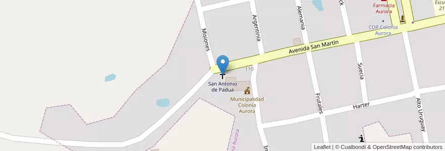Mapa de ubicacion de San Antonio de Padua en アルゼンチン, ミシオネス州, Departamento Veinticinco De Mayo, Municipio De Colonia Aurora.